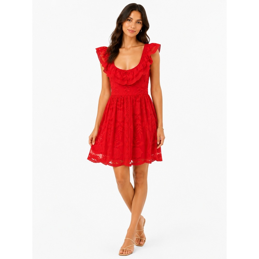Honey Punch Red Lace Embroidered Ruffle Dress Medium Floral
